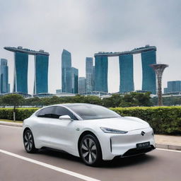 A futuristic Singaporean electric vehicle, reflecting the city-state's cutting-edge technology and high-end luxury, cruising effortlessly along Marina Bay Sands, with the stunning skyline and iconic landmarks like the 'Supertree Grove' in the backdrop