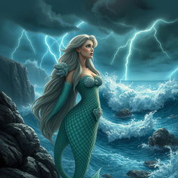 A captivating scene featuring a beautiful siren with long flowing hair, gazing thoughtfully at a raging storm on the horizon