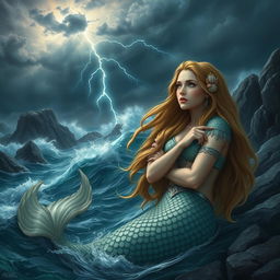 A captivating scene featuring a beautiful siren with long flowing hair, gazing thoughtfully at a raging storm on the horizon