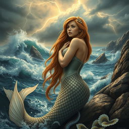A captivating scene featuring a beautiful siren with long flowing hair, gazing thoughtfully at a raging storm on the horizon