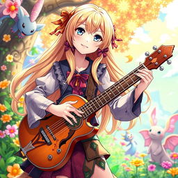 A blonde girl bard in anime style, playing a guitar