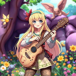 A blonde girl bard in anime style, playing a guitar