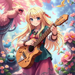 A blonde girl bard in anime style, playing a guitar