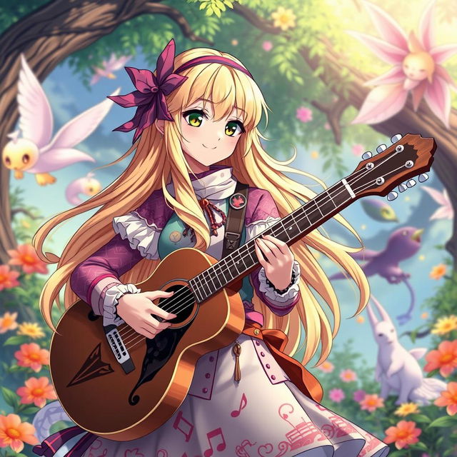 A blonde girl bard in anime style, playing a guitar