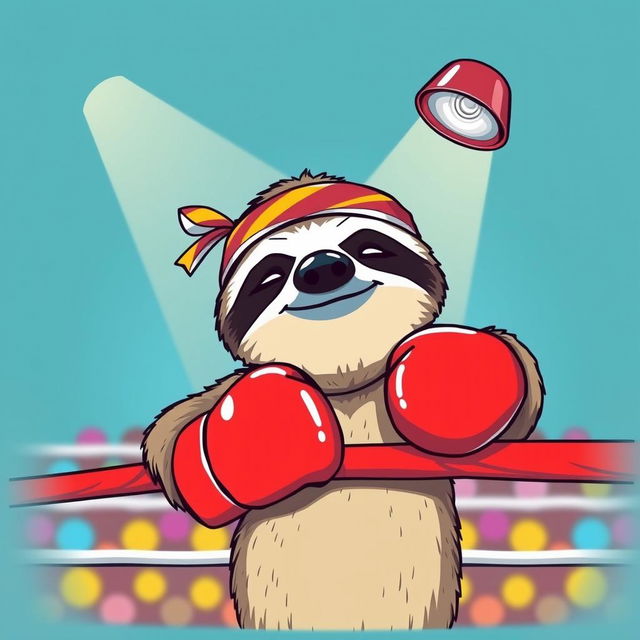 A humorous t-shirt design featuring a laid-back sloth wearing bright red boxing gloves and leaning casually on the ropes in a boxing ring