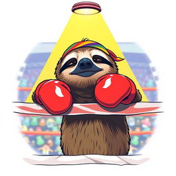 A humorous t-shirt design featuring a laid-back sloth wearing bright red boxing gloves and leaning casually on the ropes in a boxing ring