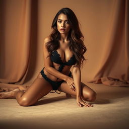 A 25-year-old woman in a sexual pose on all fours, dressed in provocative attire