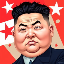 A caricature of Kim Jong Un with a provocative expression, featuring exaggerated facial features and an exaggerated hairstyle