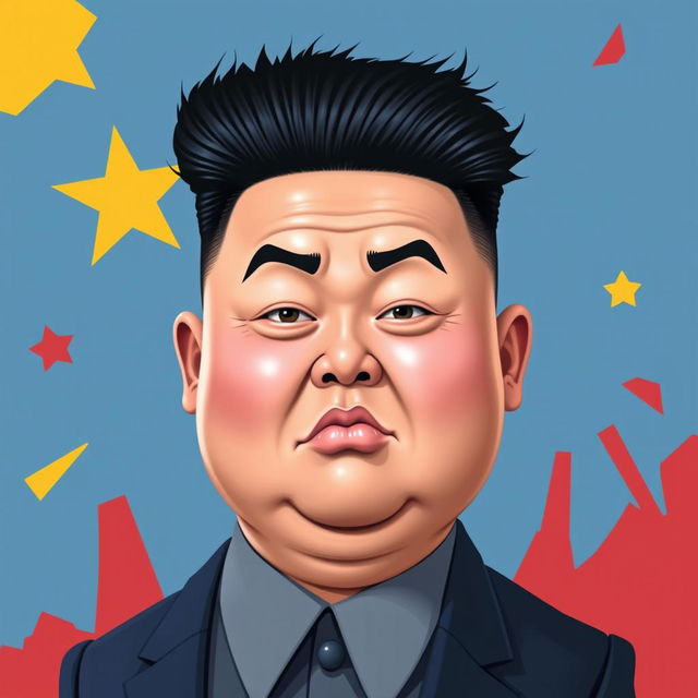 A caricature of Kim Jong Un with a provocative expression, featuring exaggerated facial features and an exaggerated hairstyle