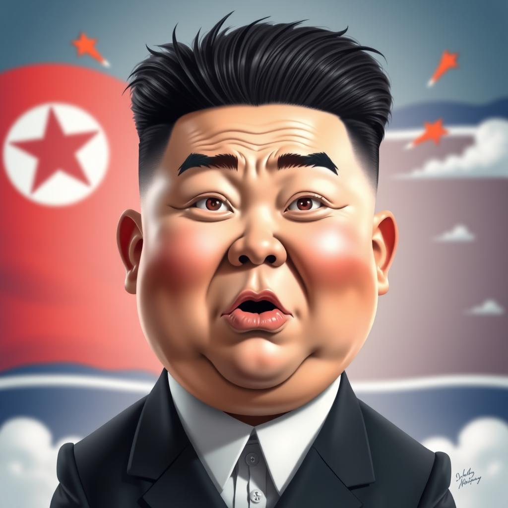 A caricature of Kim Jong Un with a provocative expression, featuring exaggerated facial features and an exaggerated hairstyle