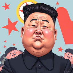 A caricature of Kim Jong Un with a provocative expression, featuring exaggerated facial features and an exaggerated hairstyle