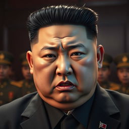 A hyper-realistic portrait of Kim Jong Un, visibly angry, with furrowed brows and an intense expression