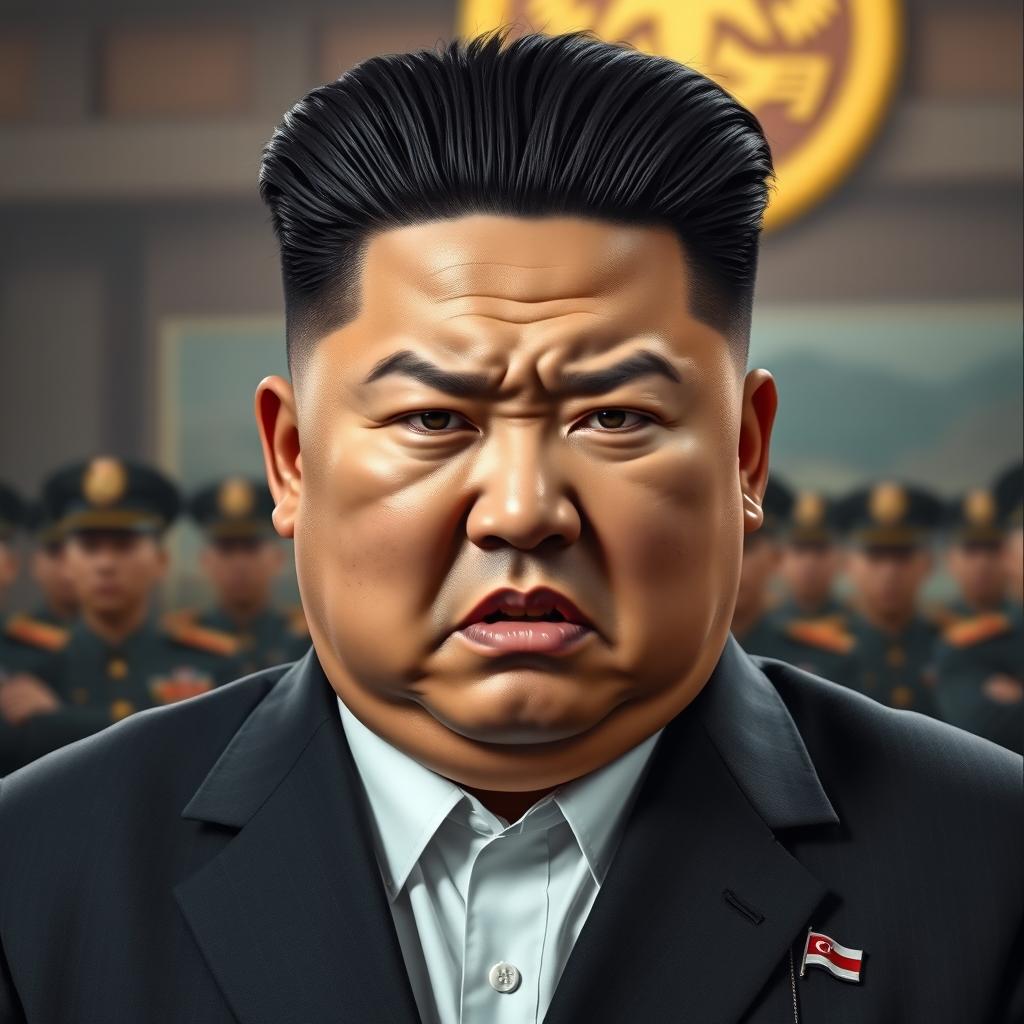 A hyper-realistic portrait of Kim Jong Un, visibly angry, with furrowed brows and an intense expression