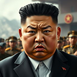 A hyper-realistic portrait of Kim Jong Un, visibly angry, with furrowed brows and an intense expression
