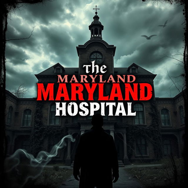 A haunting book cover design featuring a decaying, eerie insane asylum in the background under a stormy, ominous sky