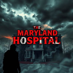A haunting book cover design featuring a decaying, eerie insane asylum in the background under a stormy, ominous sky