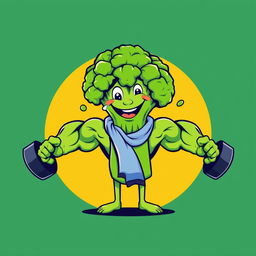 A playful and vibrant t-shirt design featuring a large, cartoon-style broccoli character with exaggerated muscular arms