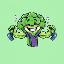 A playful and vibrant t-shirt design featuring a large, cartoon-style broccoli character with exaggerated muscular arms