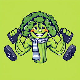A playful and vibrant t-shirt design featuring a large, cartoon-style broccoli character with exaggerated muscular arms