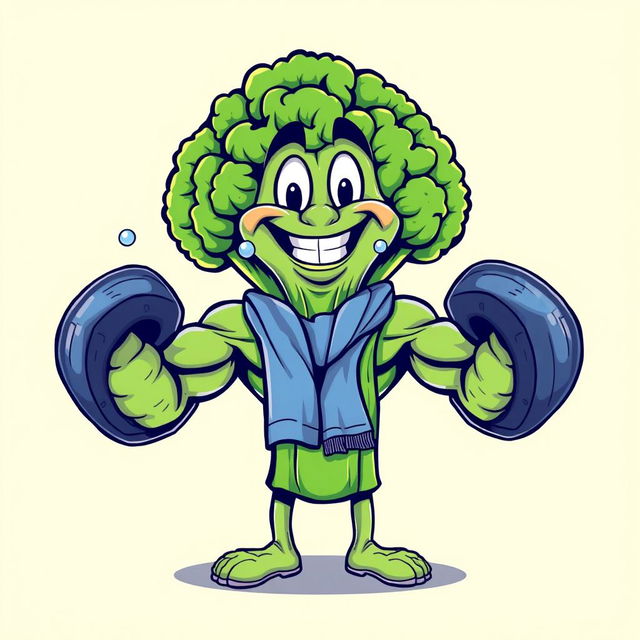 A playful and vibrant t-shirt design featuring a large, cartoon-style broccoli character with exaggerated muscular arms