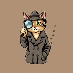 A stylish t-shirt design featuring a detective cat, wearing a classic trench coat and a detective hat