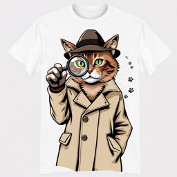 A stylish t-shirt design featuring a detective cat, wearing a classic trench coat and a detective hat