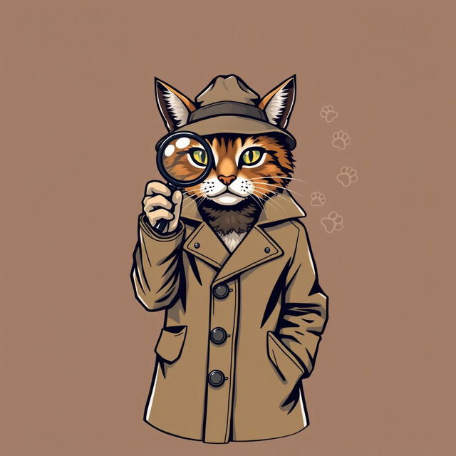 A stylish t-shirt design featuring a detective cat, wearing a classic trench coat and a detective hat