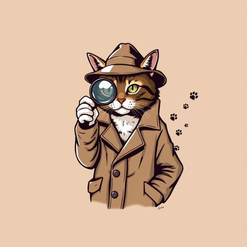 A stylish t-shirt design featuring a detective cat, wearing a classic trench coat and a detective hat