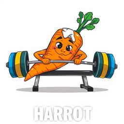 A whimsical t-shirt design featuring a large, anthropomorphic carrot with strong, leafy 'arms' lying on a bench press, lifting a colorful barbell