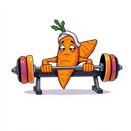 A whimsical t-shirt design featuring a large, anthropomorphic carrot with strong, leafy 'arms' lying on a bench press, lifting a colorful barbell