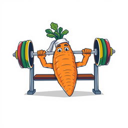 A whimsical t-shirt design featuring a large, anthropomorphic carrot with strong, leafy 'arms' lying on a bench press, lifting a colorful barbell