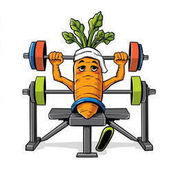 A whimsical t-shirt design featuring a large, anthropomorphic carrot with strong, leafy 'arms' lying on a bench press, lifting a colorful barbell