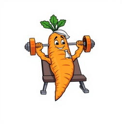 A whimsical t-shirt design featuring a large, anthropomorphic carrot with strong, leafy 'arms' lying on a bench press and lifting a colorful barbell