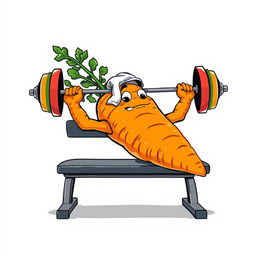 A whimsical t-shirt design featuring a large, anthropomorphic carrot with strong, leafy 'arms' lying on a bench press and lifting a colorful barbell