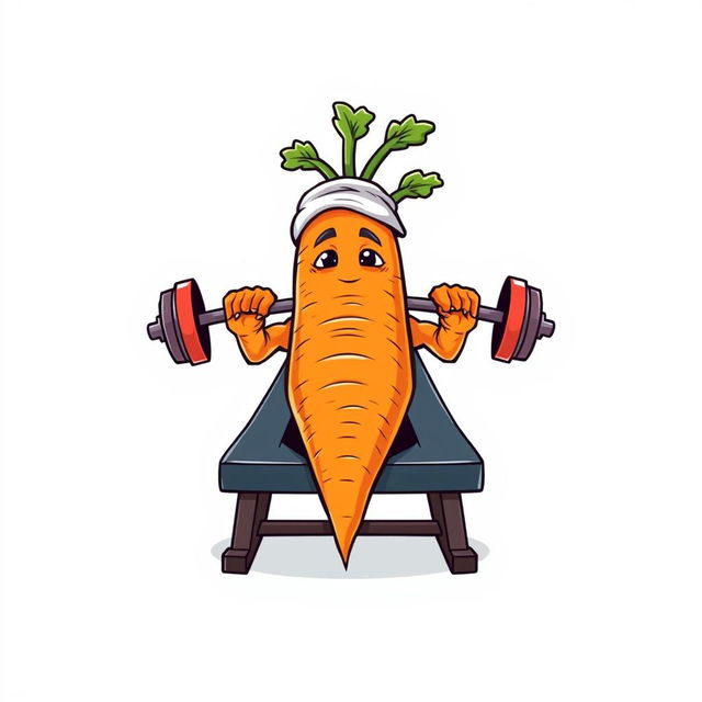 A whimsical t-shirt design featuring a large, anthropomorphic carrot with strong, leafy 'arms' lying on a bench press and lifting a colorful barbell