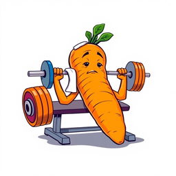 A whimsical t-shirt design featuring a large, anthropomorphic carrot with strong, leafy 'arms' lying on a bench press and lifting a colorful barbell