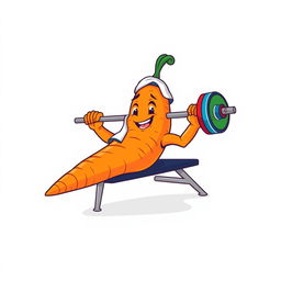 A fun and quirky t-shirt design featuring a large, anthropomorphic carrot with strong, leafy 'arms' lying on a bench press, cheerfully lifting a colorful barbell