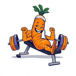 A fun and quirky t-shirt design featuring a large, anthropomorphic carrot with strong, leafy 'arms' lying on a bench press, cheerfully lifting a colorful barbell