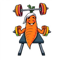 A fun and quirky t-shirt design featuring a large, anthropomorphic carrot with strong, leafy 'arms' lying on a bench press, cheerfully lifting a colorful barbell