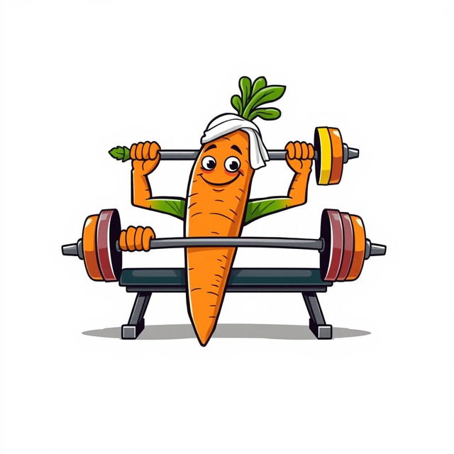 A fun and quirky t-shirt design featuring a large, anthropomorphic carrot with strong, leafy 'arms' lying on a bench press, cheerfully lifting a colorful barbell