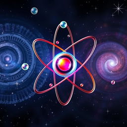 A visually striking representation of an atom, showcasing its structure with protons and neutrons in a vibrant nucleus, surrounded by colorful electrons orbiting in distinct paths