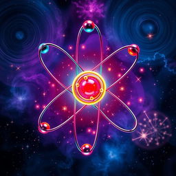 A visually striking representation of an atom, showcasing its structure with protons and neutrons in a vibrant nucleus, surrounded by colorful electrons orbiting in distinct paths