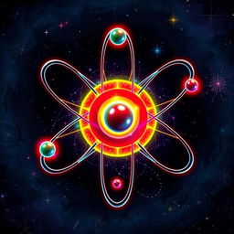A visually striking representation of an atom, showcasing its structure with protons and neutrons in a vibrant nucleus, surrounded by colorful electrons orbiting in distinct paths