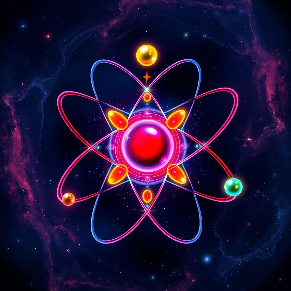 A visually striking representation of an atom, showcasing its structure with protons and neutrons in a vibrant nucleus, surrounded by colorful electrons orbiting in distinct paths