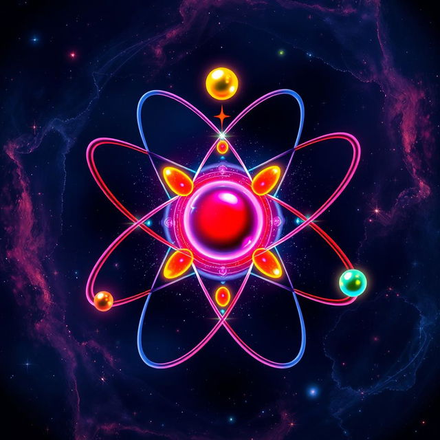 A visually striking representation of an atom, showcasing its structure with protons and neutrons in a vibrant nucleus, surrounded by colorful electrons orbiting in distinct paths