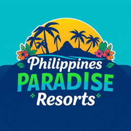 A vibrant and tropical logo design for a Philippines holiday resort builder featuring elements such as palm trees, a sun, and waves