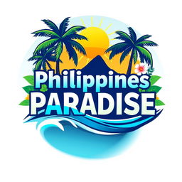 A vibrant and tropical logo design for a Philippines holiday resort builder featuring elements such as palm trees, a sun, and waves