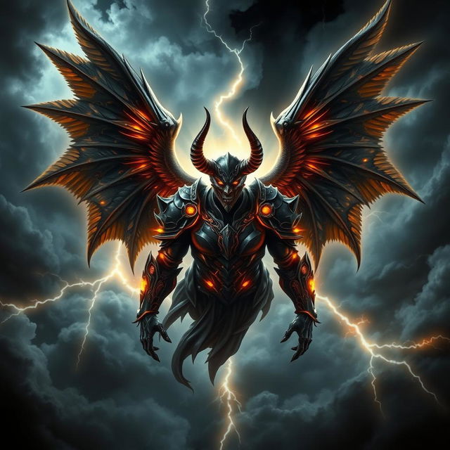 A powerful, majestic archangel depicted as a dark, demonic figure, soaring through a stormy sky