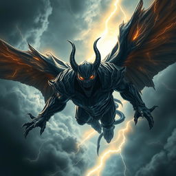 A powerful, majestic archangel depicted as a dark, demonic figure, soaring through a stormy sky