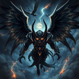 A powerful, majestic archangel depicted as a dark, demonic figure, soaring through a stormy sky